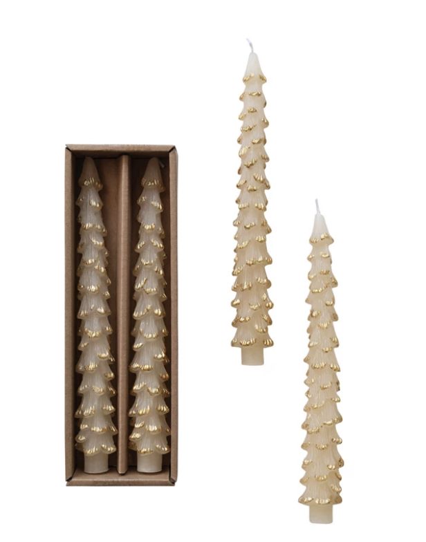Unscented Tree Shaped Taper Candes in Box, Eggnog Color, Set of 2