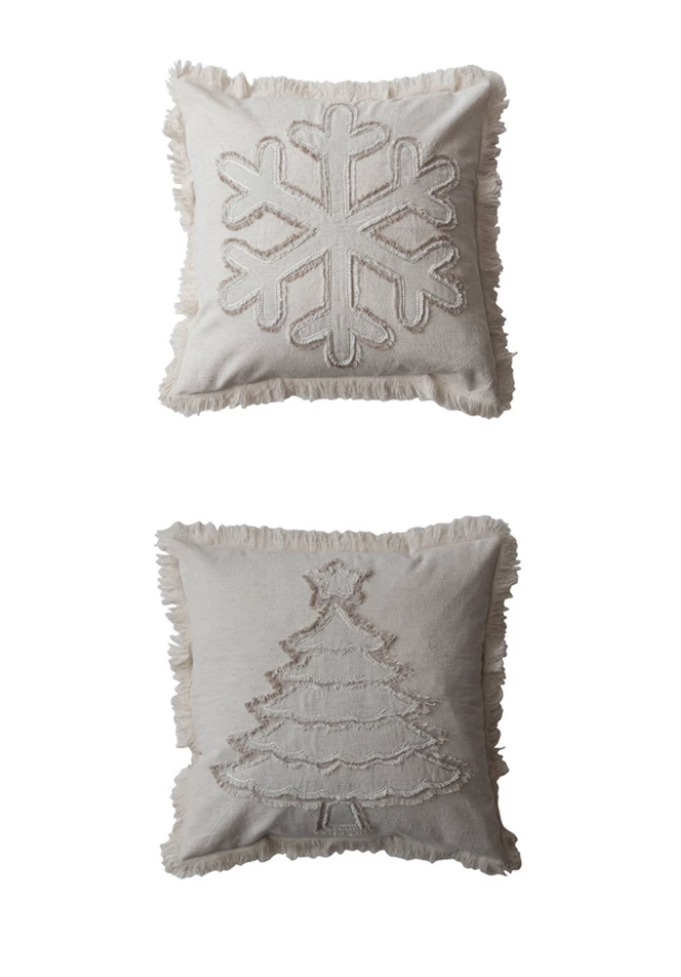18" Square Woven Cotton & Linen Pillow w/ Fringe, 2 Styles