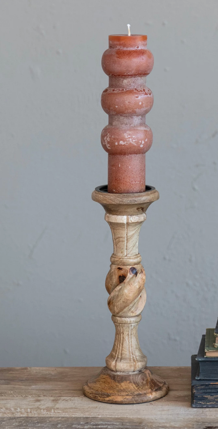 Hand-Carved Mango Wood Pillar Holder, Natural