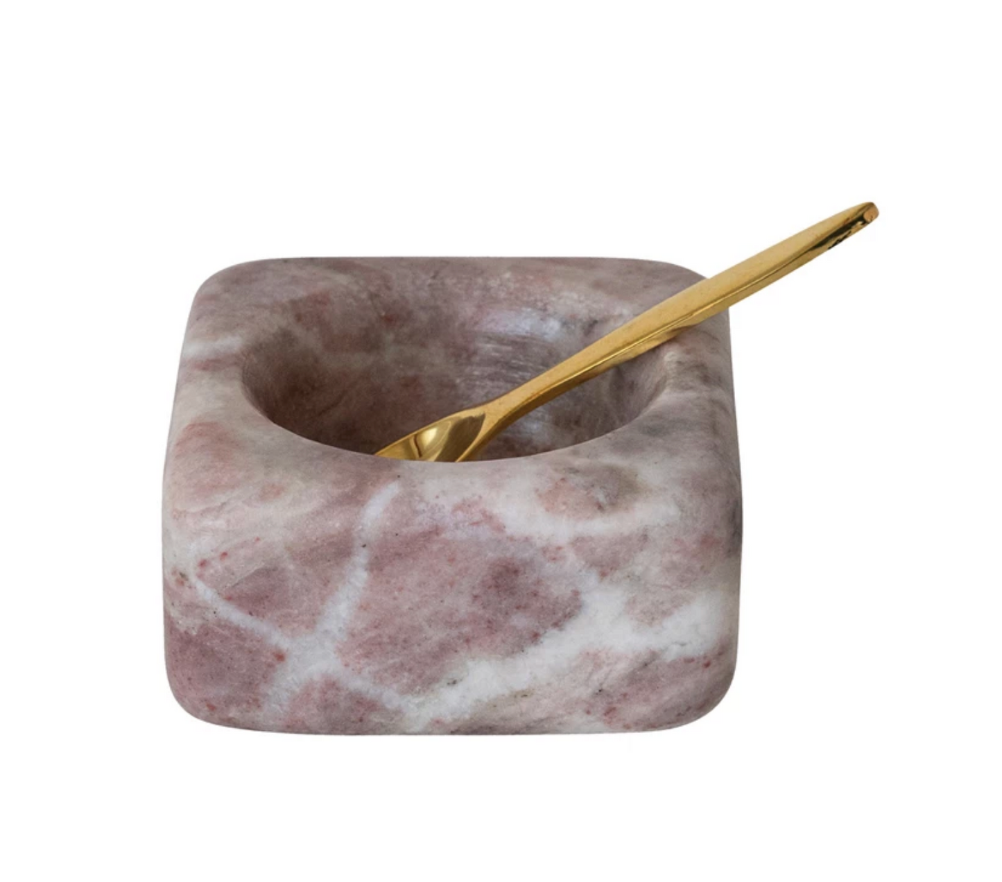 Marble Bowl with Brass Spoon, Pink, Set of 2 (Each One Will Vary)