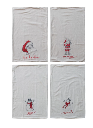 Cotton & Linen Tea Towel with Snowman/Santa Image, 4 Styles