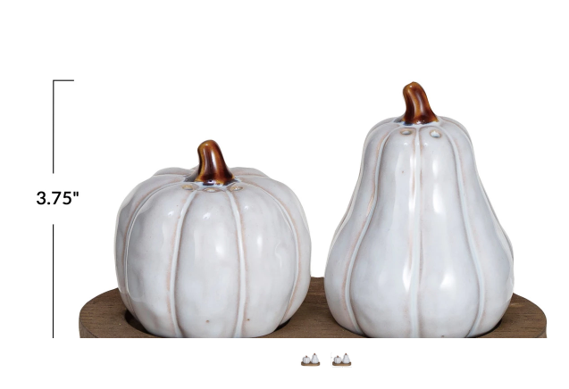 Stoneware Salt & Pepper Shakers w/ Wood Tray, Set of 3 (Each One Will Vary)