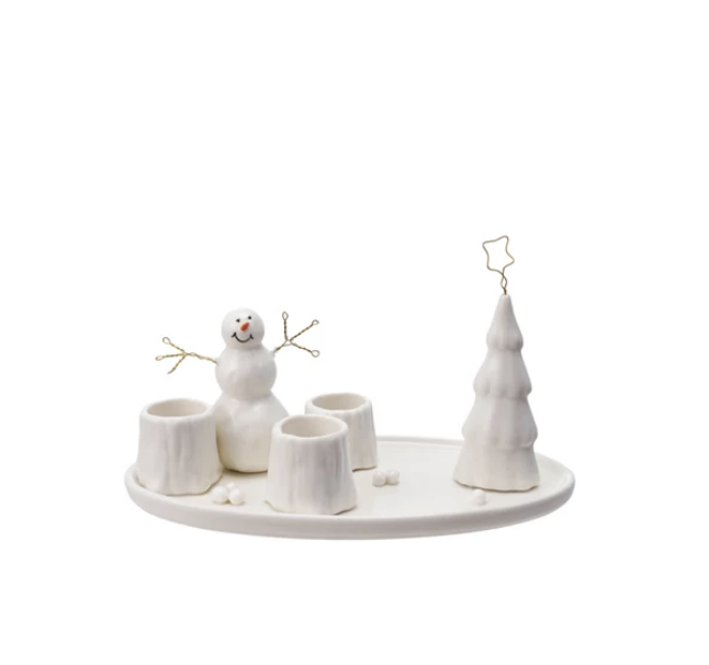Stoneware & Wire Taper Holder with Snowman & Tree (Holds 3 Tapers)