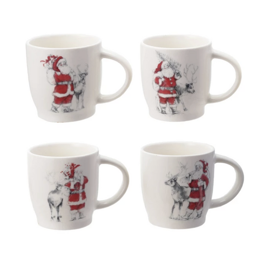 12 oz. Stoneware Mug with Santa & Reindeer Image, 4 Styles ©