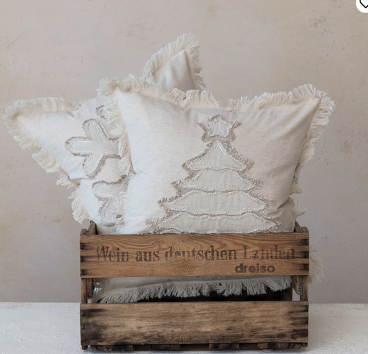 18" Square Woven Cotton & Linen Pillow w/ Fringe, 2 Styles