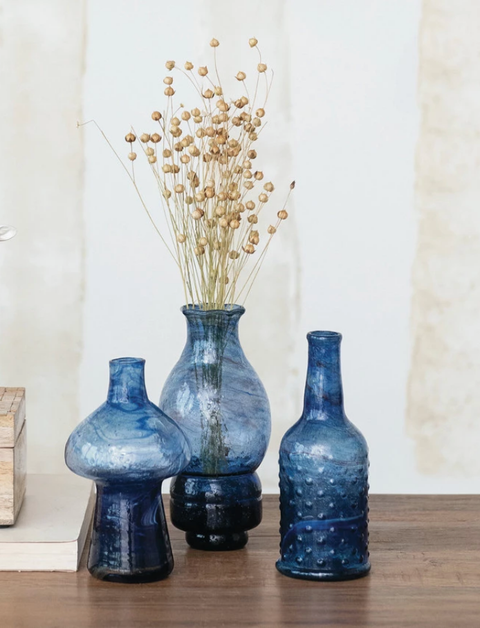 Hand-Blown Recycled Glass Vases, Blue