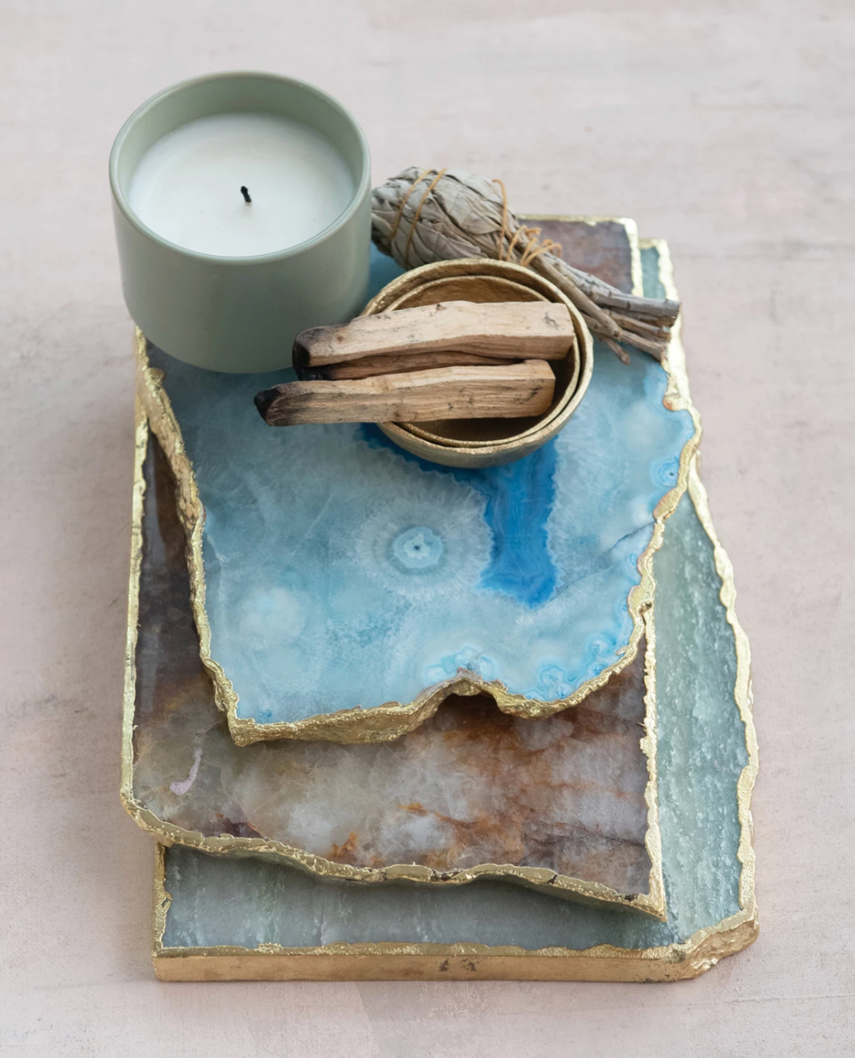 Agate Slab w/ Gold Electroplated Edge, Blue (Each One Will Vary)