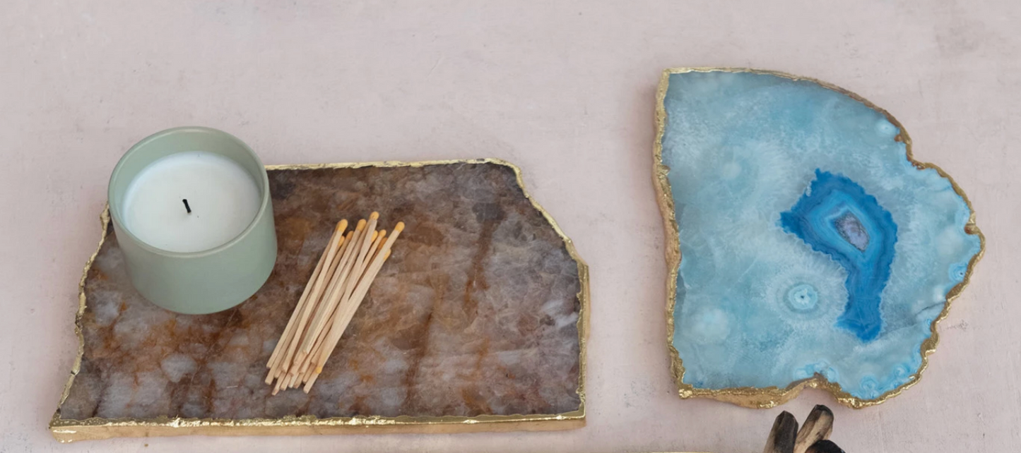 Agate Slab w/ Gold Electroplated Edge, Blue (Each One Will Vary)