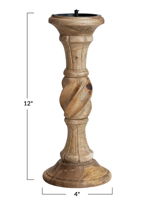 Hand-Carved Mango Wood Pillar Holder, Natural