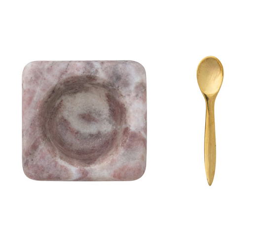 Marble Bowl with Brass Spoon, Pink, Set of 2 (Each One Will Vary)