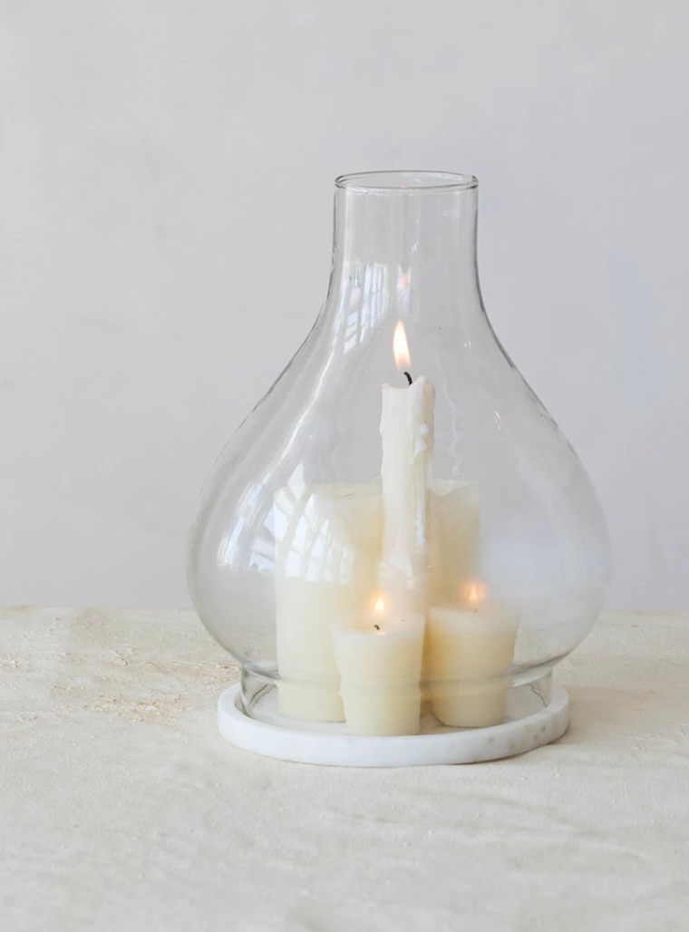 Glass Hurricane with Marble Base, White, Set of 2
