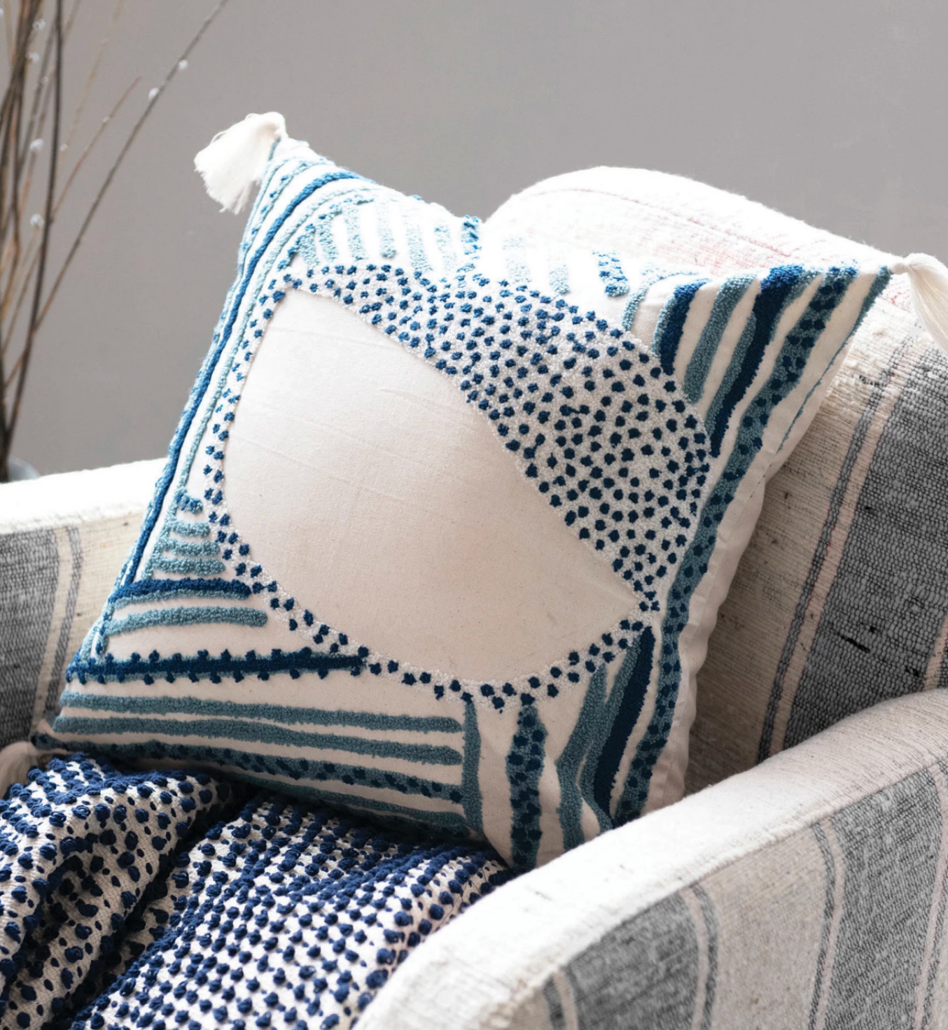 18" Cotton Embroidered Pillow w/ Tassels, Polyester Fill