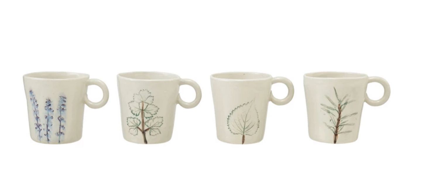 12 oz. Hand-Painted Stoneware Mug with Botanical, Cream Color, 4 Styles (Each One Will Vary)