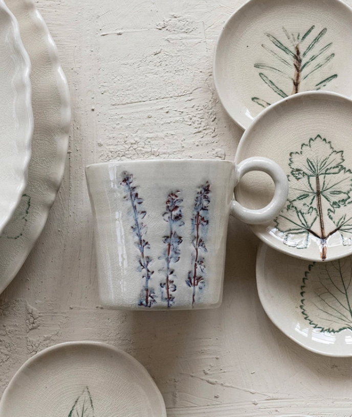 12 oz. Hand-Painted Stoneware Mug with Botanical, Cream Color, 4 Styles (Each One Will Vary)