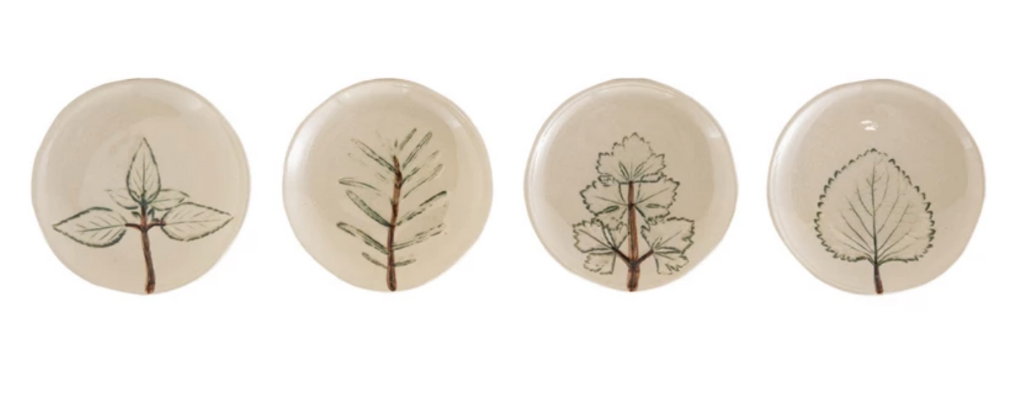 Hand-Painted Stoneware Dish with Botanical, Cream Color, 4 Styles (Each One Will Vary)