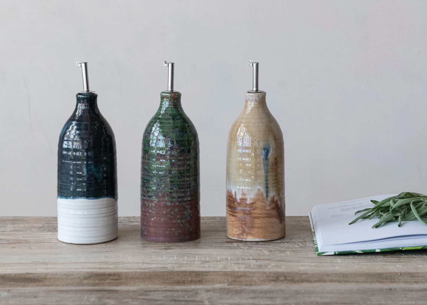26 oz. Stoneware Oil Cruet with Stainless Steel Spout, 3 Colors (Each One Will Vary)