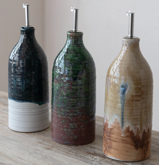 26 oz. Stoneware Oil Cruet with Stainless Steel Spout, 3 Colors (Each One Will Vary)