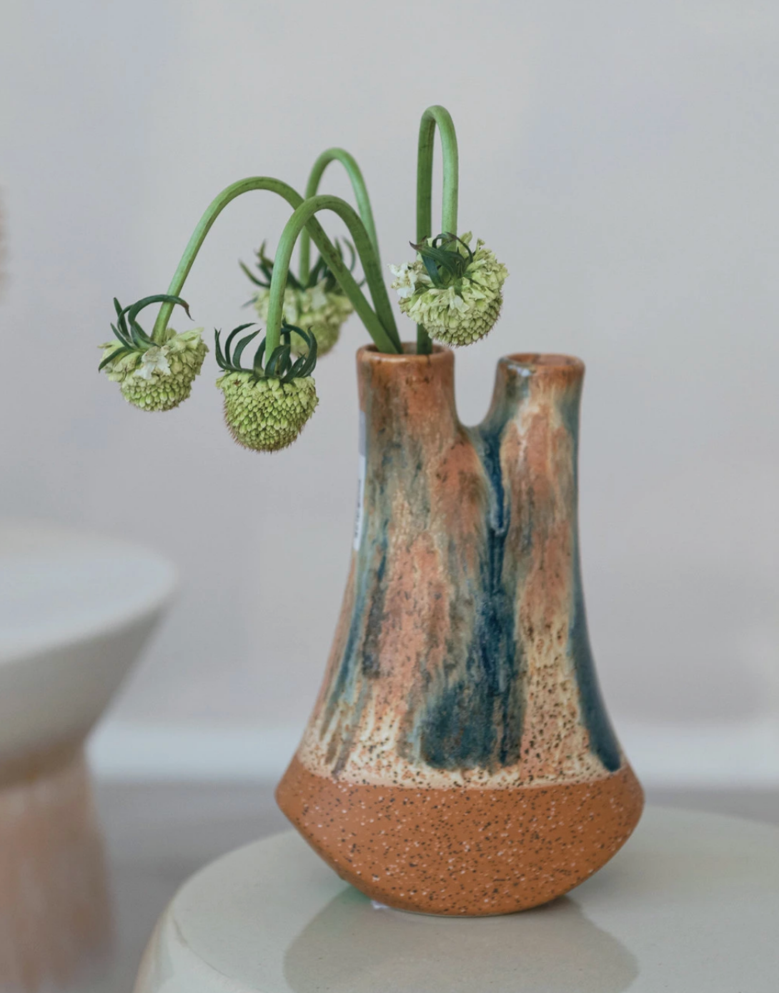 Stoneware Vase w/ 2 Openings, Reactive Glaze (Each One Will Vary)
