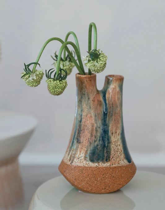 Stoneware Vase w/ 2 Openings, Reactive Glaze (Each One Will Vary)