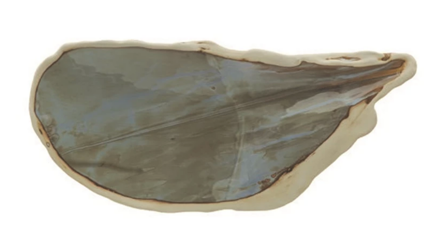 Handmade Stoneware Oyster Shell Shaped Platter, Green (Each One Will Vary)