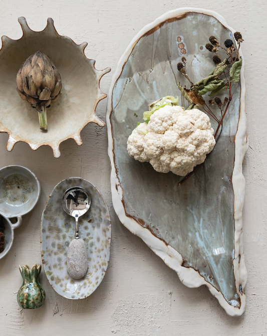 Handmade Stoneware Oyster Shell Shaped Platter, Green (Each One Will Vary)