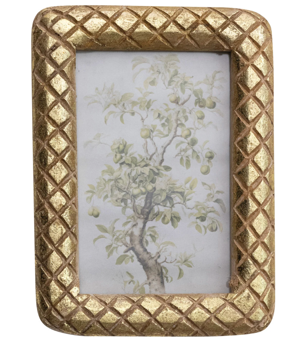 Carved Mango Wood Photo Frame w/ Diamond Pattern, Gold Foil Finish
