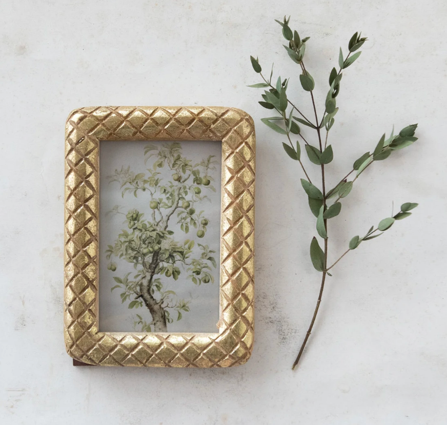 Carved Mango Wood Photo Frame w/ Diamond Pattern, Gold Foil Finish