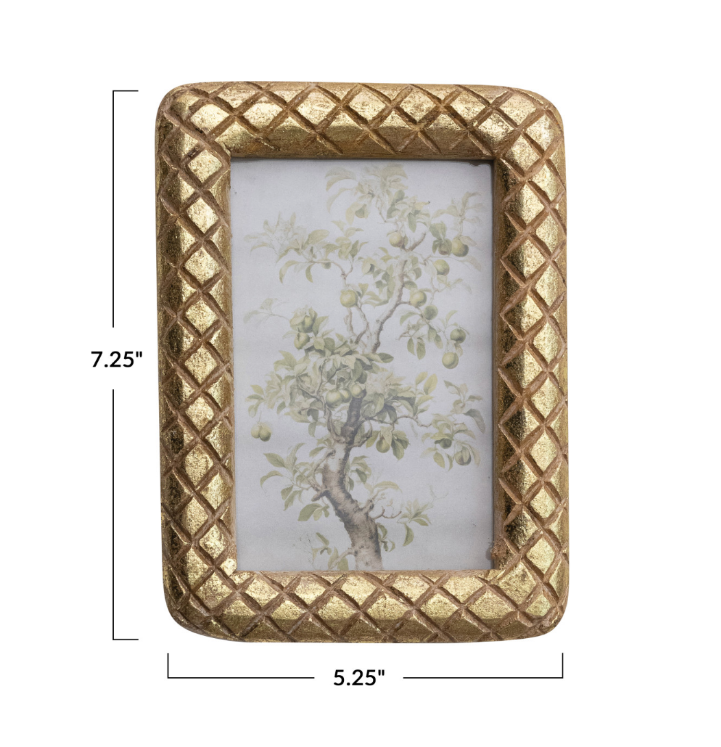 Carved Mango Wood Photo Frame w/ Diamond Pattern, Gold Foil Finish