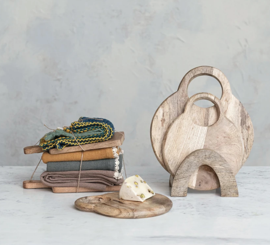 Mango Wood Cheese/Cutting Boards w/ Handles & Stand, Set of 4