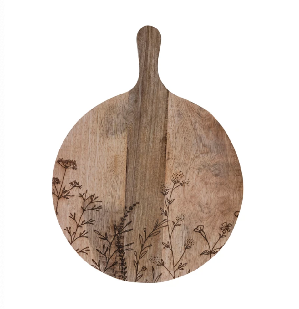 Mango Wood Cheese/Cutting Board w/ Laser Etched Botanicals & Handle