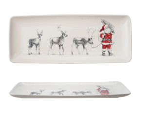 Stoneware Serving Platter with Santa Leading Reindeer Image