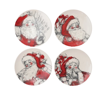 Stoneware Dish with Santa Image, Red, Black & White, 4 Styles