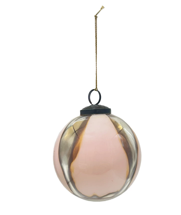 Glass Ball Ornament with Antique Silver Finish Stripes, Pink