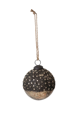 Mercury Glass Ball Ornament w/ Stars, Dipped Bronze & Silver Finish