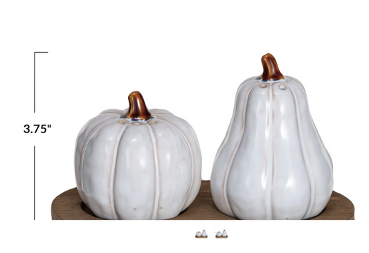 Stoneware Salt & Pepper Shakers w/ Wood Tray, Set of 3 (Each One Will Vary)