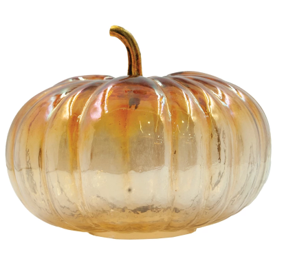 Glass Pumpkin with Brass Stem, Iridescent Finish, Amber Color