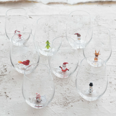 Stemless Wine Glass w/ Holiday Figure Inside, 8 Styles
