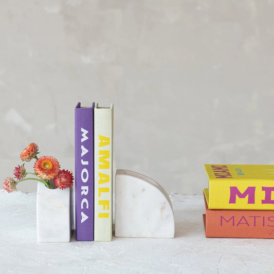 Marble Vase/Container Bookends, White, Set of 2