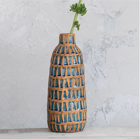 Debossed Terra-cotta Vase & Blue