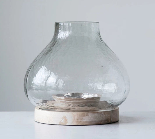 Hand-Blown Glass and Wood Hurricane, Small