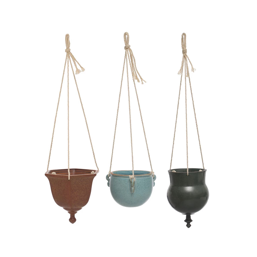 Hanging Stoneware Planter w/ Jute Rope Hanger, 3 Styles (Hold 3" Pots)