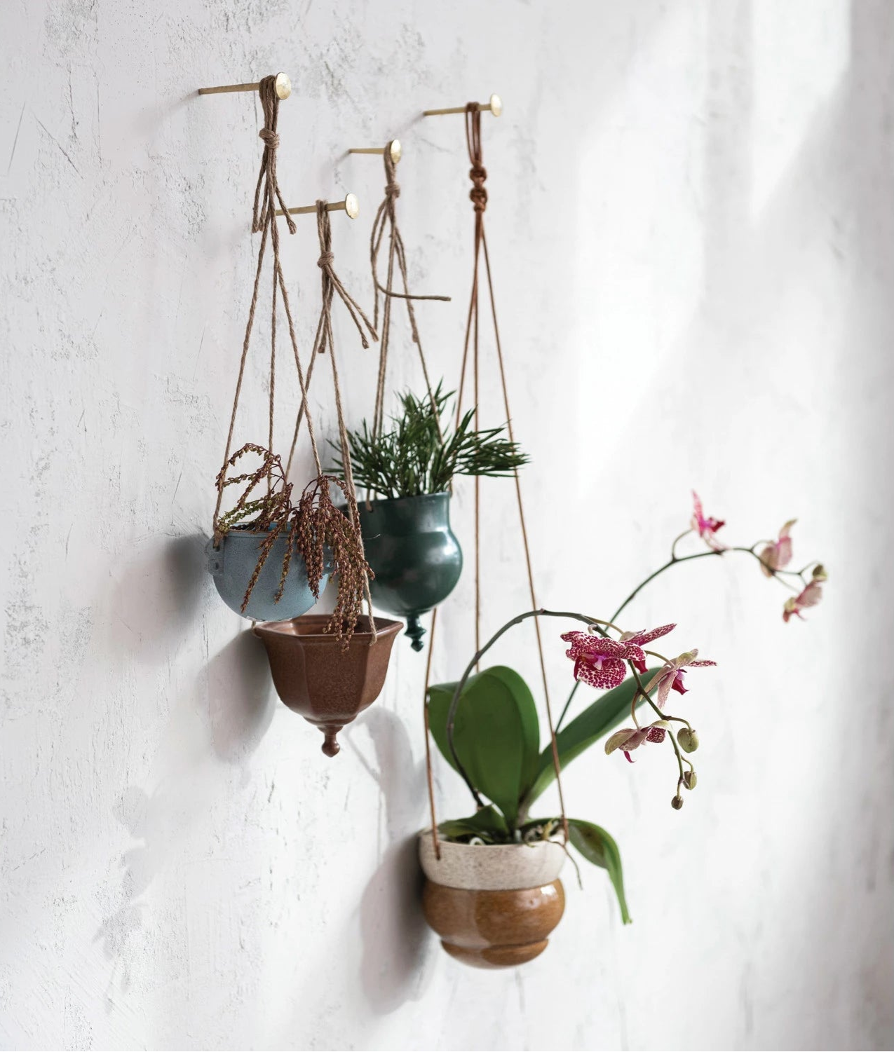 Hanging Stoneware Planter w/ Jute Rope Hanger, 3 Styles (Hold 3" Pots)