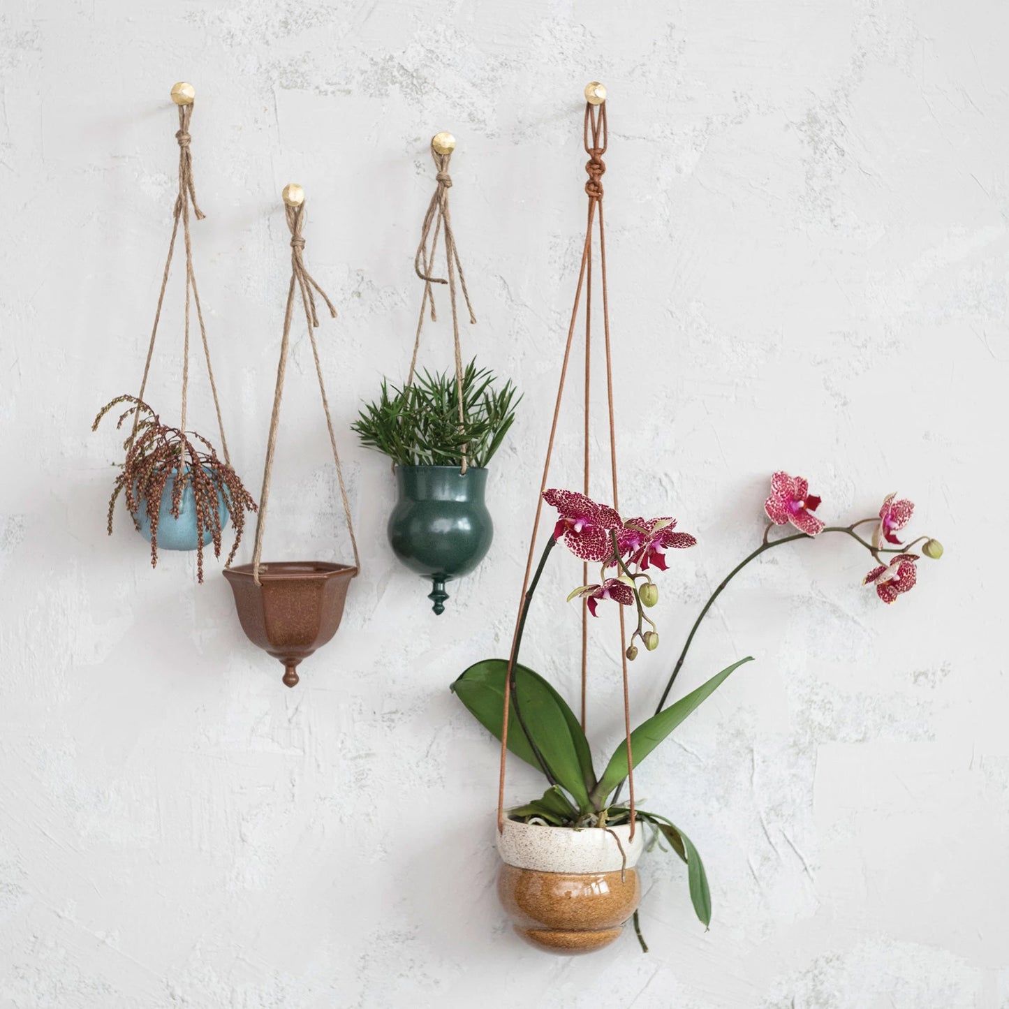 Hanging Stoneware Planter w/ Jute Rope Hanger, 3 Styles (Hold 3" Pots)