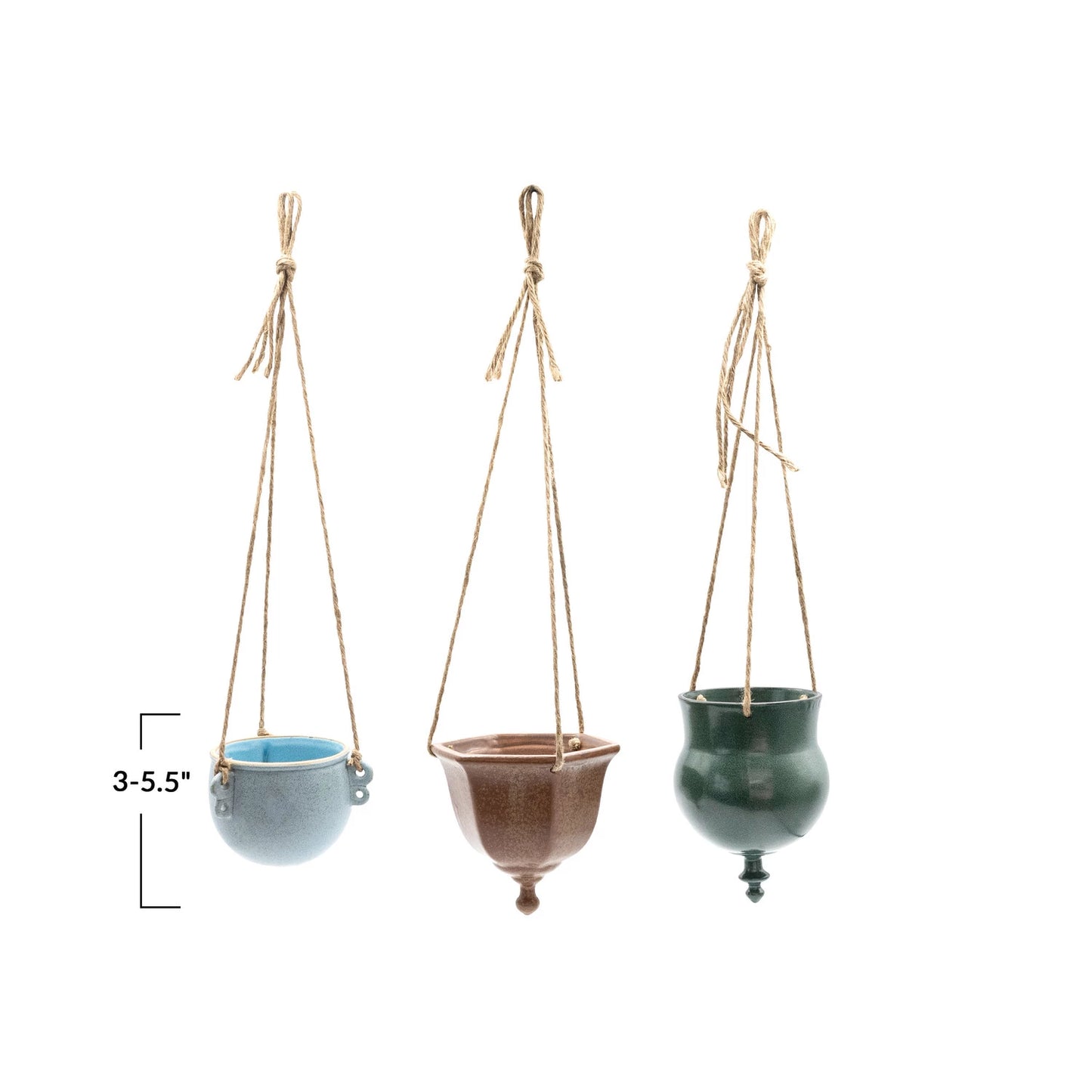 Hanging Stoneware Planter w/ Jute Rope Hanger, 3 Styles (Hold 3" Pots)