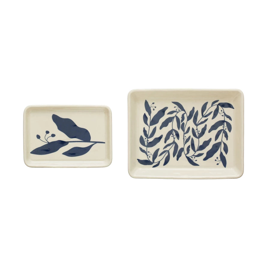 Stoneware Plates w/ Botanicals, Blue & Cream Color, Set of 2