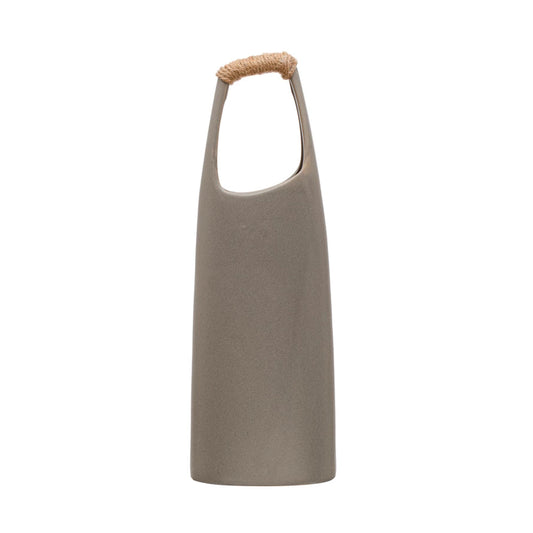 Stoneware Vase w/ Rattan Wrapped Handle, Grey